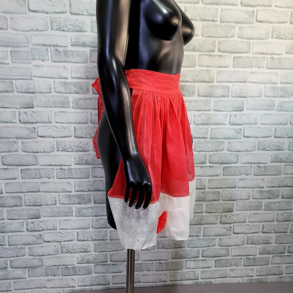 Vintage 50s Sheer Red White Apron tie Back‎ Pinup Rockabilly Retro Cosplay